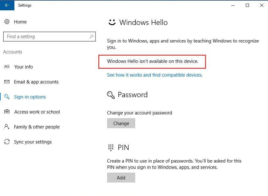 Facial recognition: windows hello is not available on this device